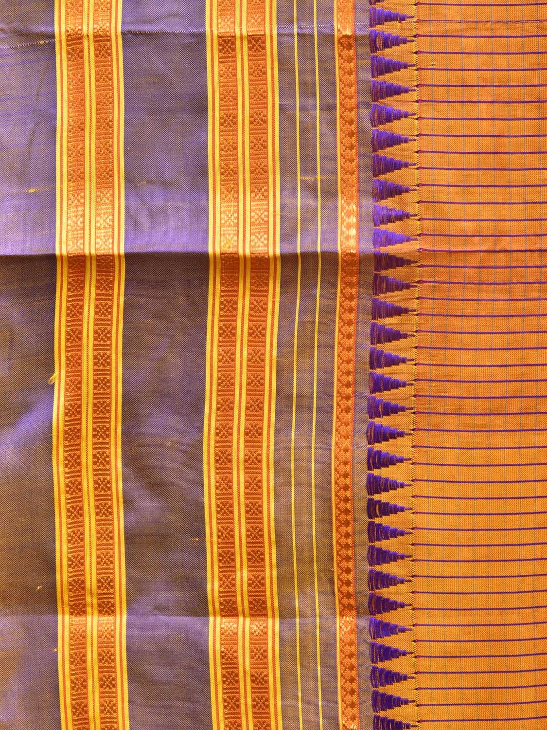 Orange and Blue Narayanpet Silk Handloom Saree with Checks Design No Blouse - Global Threads