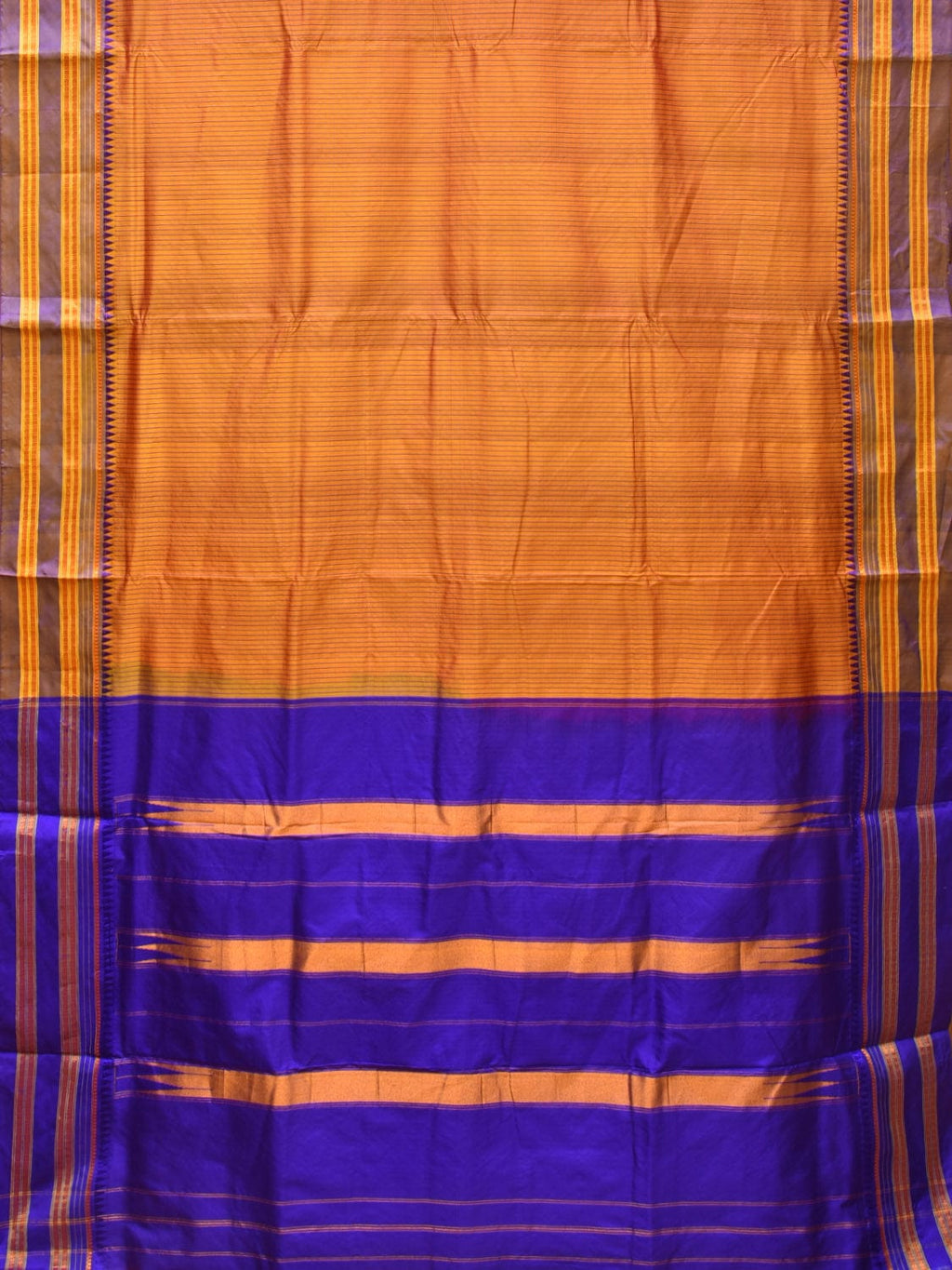 Orange and Blue Narayanpet Silk Handloom Saree with Checks Design No Blouse - Global Threads