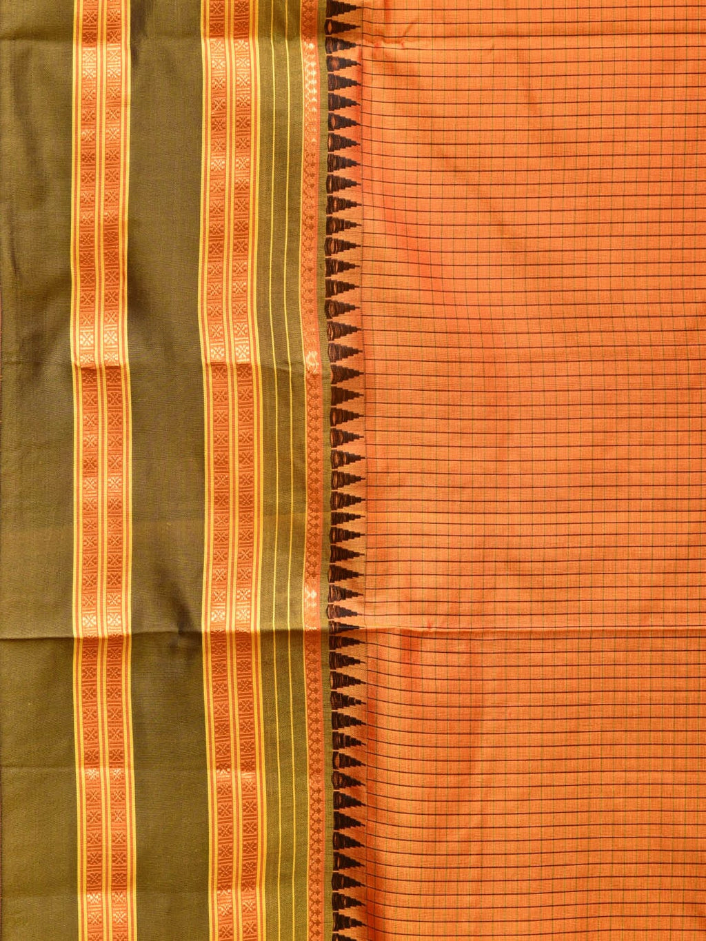 Orange and Brown Narayanpet Silk Handloom Saree with Checks Design No Blouse - Global Threads