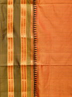 Orange and Brown Narayanpet Silk Handloom Saree with Checks Design No Blouse - Global Threads