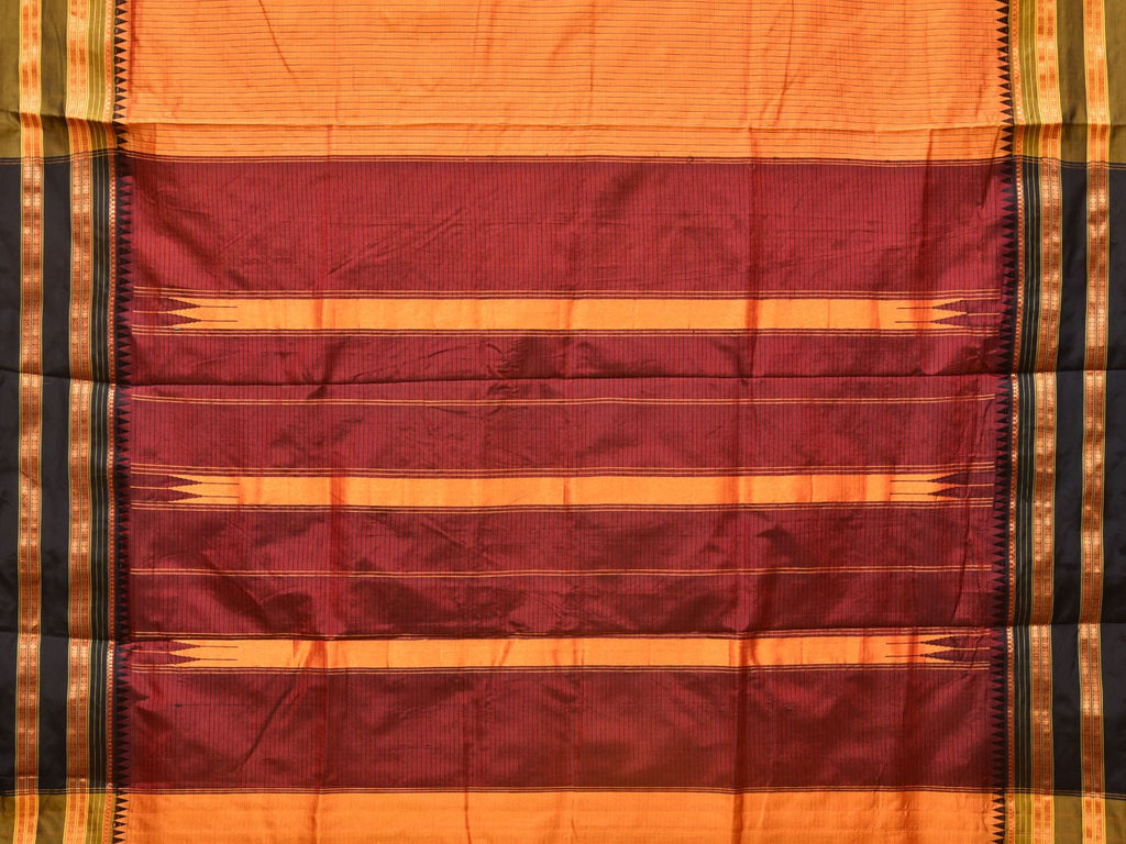 Orange and Brown Narayanpet Silk Handloom Saree with Checks Design No Blouse - Global Threads