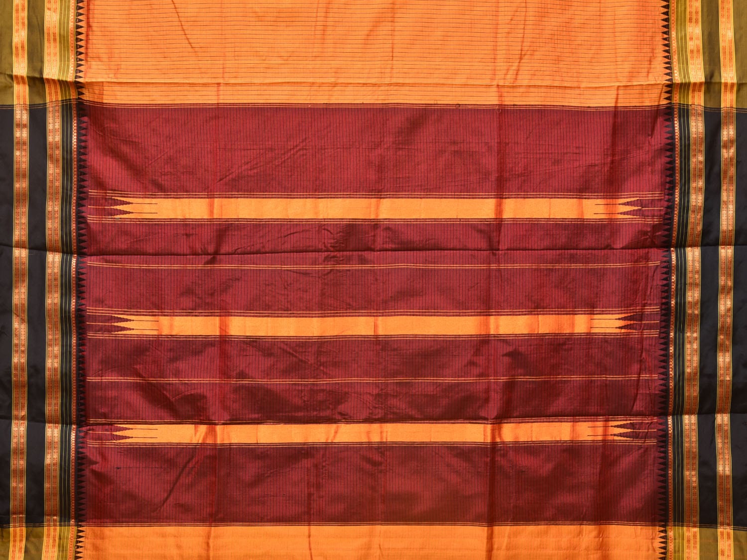 Orange and Brown Narayanpet Silk Handloom Saree with Checks Design No Blouse - Global Threads