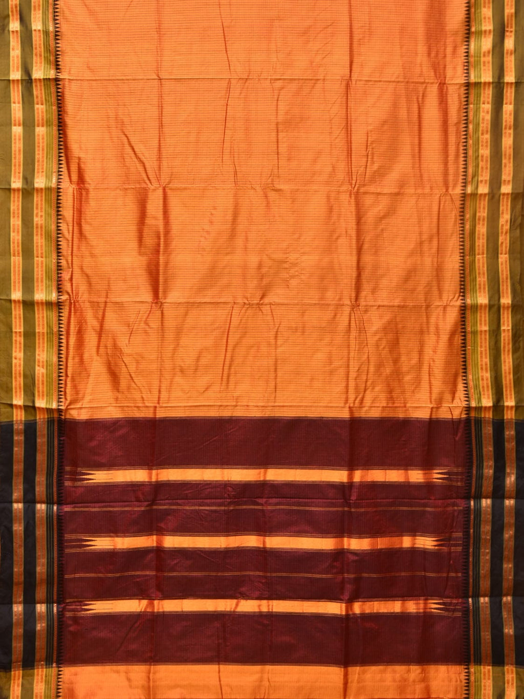 Orange and Brown Narayanpet Silk Handloom Saree with Checks Design No Blouse - Global Threads