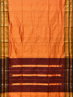 Orange and Brown Narayanpet Silk Handloom Saree with Checks Design No Blouse - Global Threads