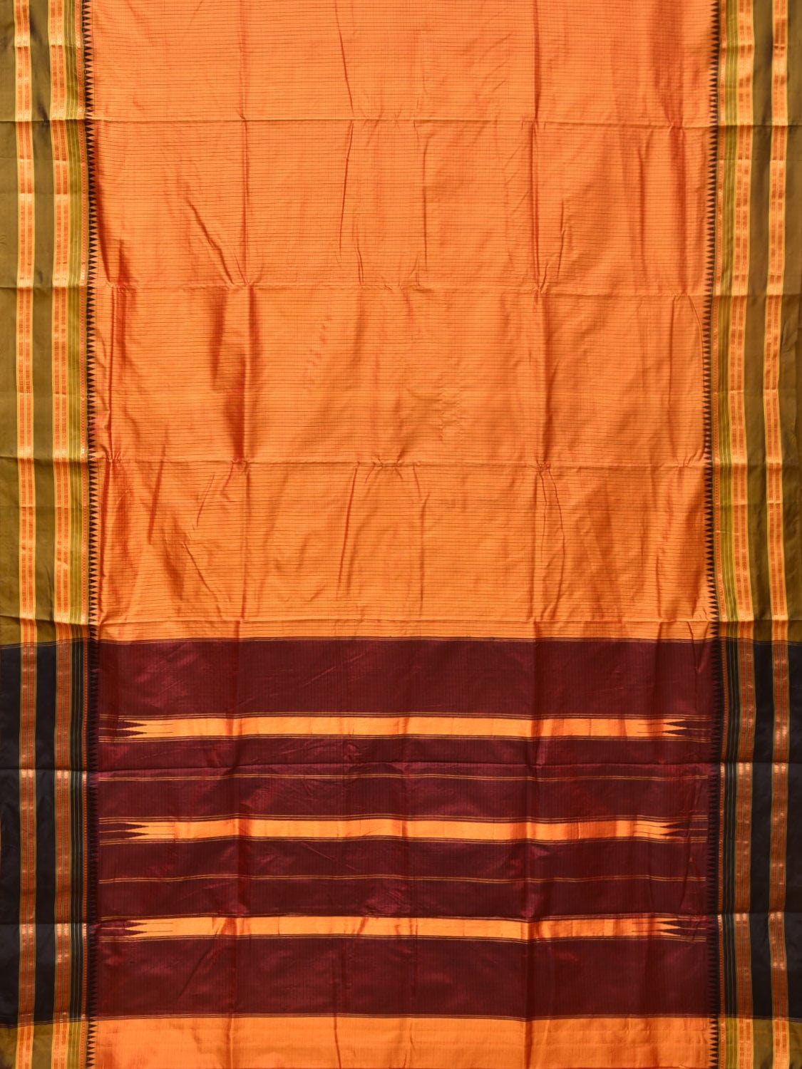 Orange and Brown Narayanpet Silk Handloom Saree with Checks Design No Blouse - Global Threads