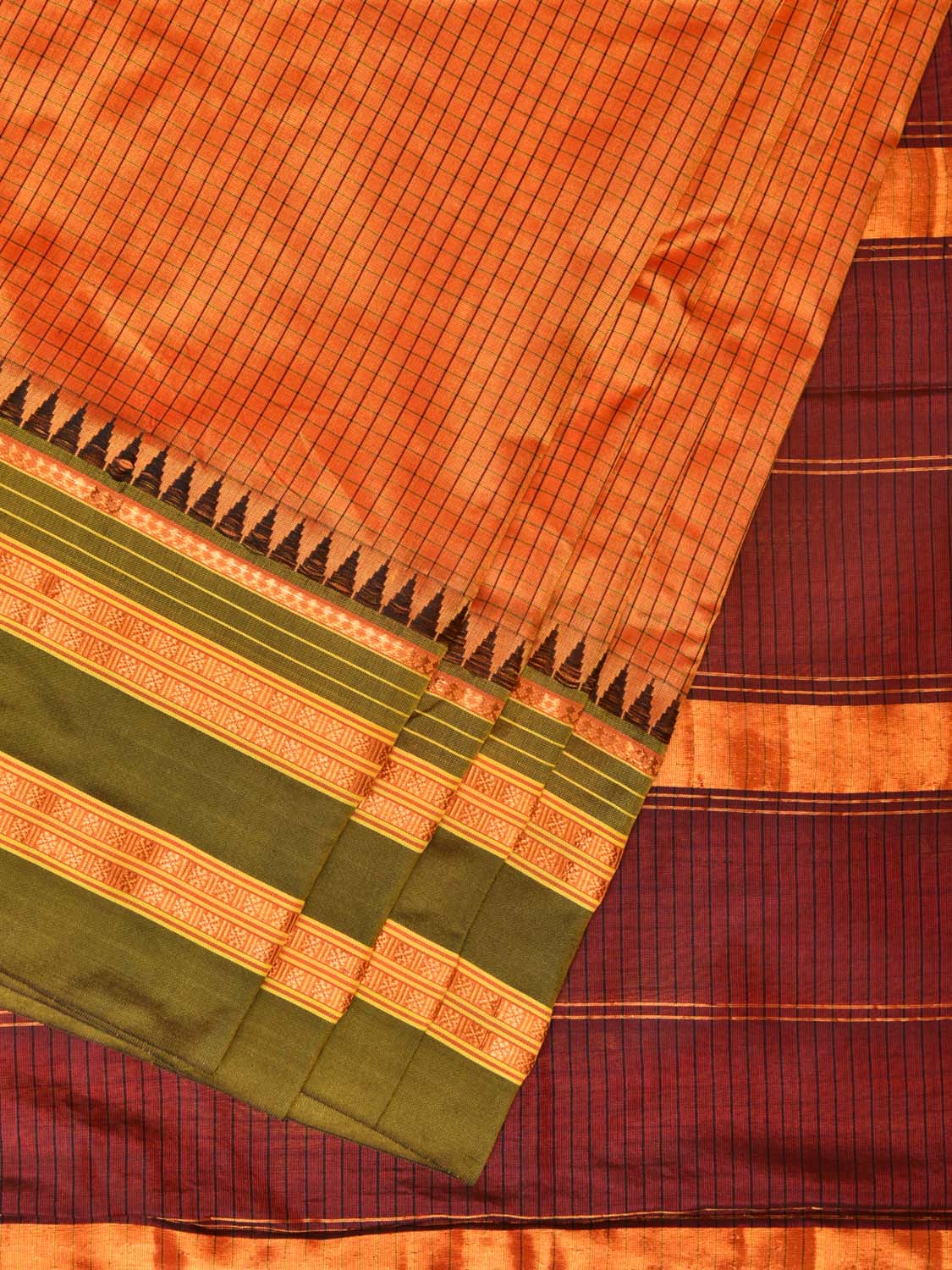 Orange and Brown Narayanpet Silk Handloom Saree with Checks Design No Blouse - Global Threads