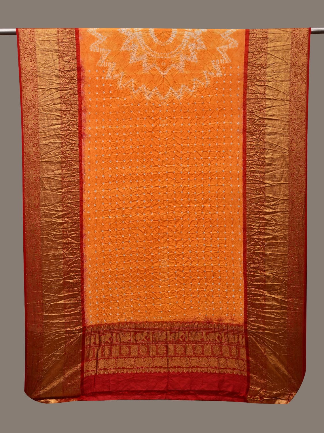 Orange and Red Bandhani Kanchipuram Silk Handloom Dupatta with Border and Chakra Design - Global Threads