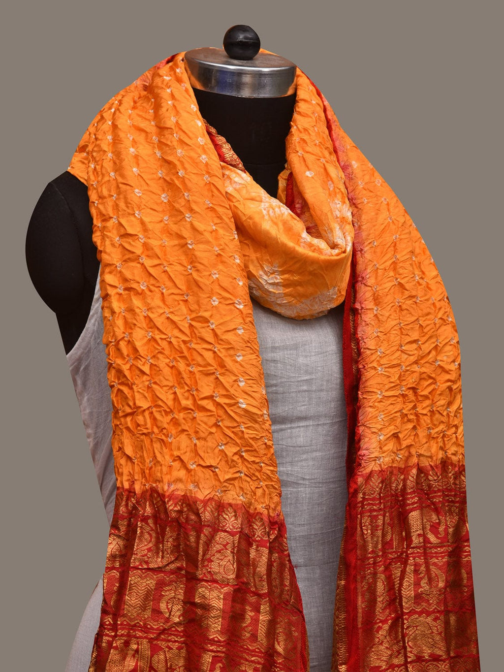 Orange and Red Bandhani Kanchipuram Silk Handloom Dupatta with Border and Chakra Design - Global Threads
