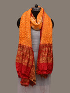 Orange and Red Bandhani Kanchipuram Silk Handloom Dupatta with Border and Chakra Design - Global Threads