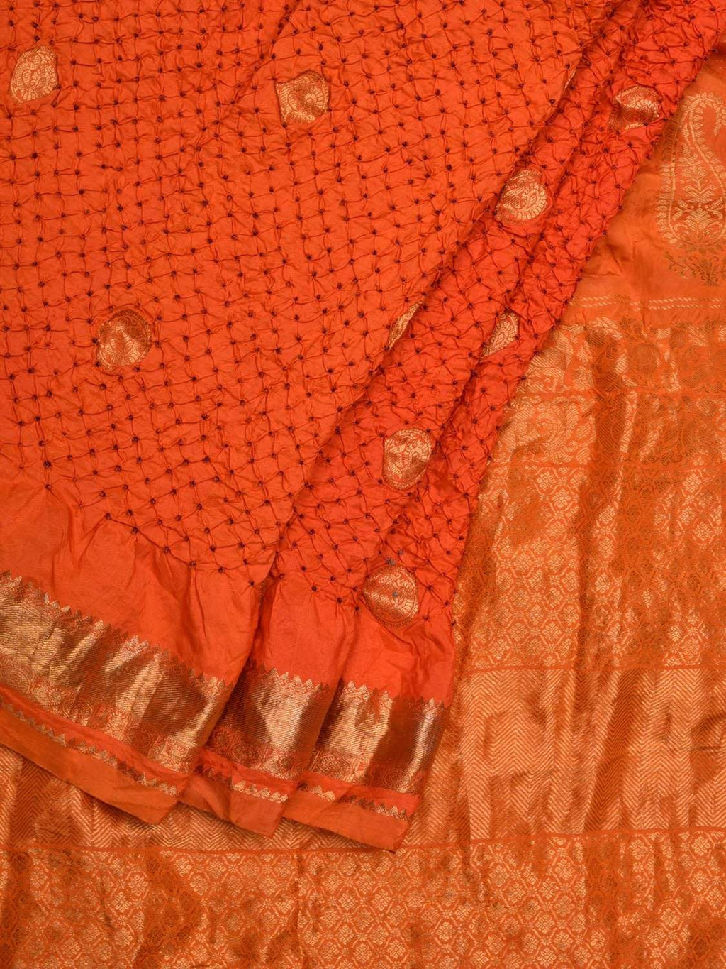 Orange Bandhani Kanchipuram Silk Handloom Saree with Small Buta Design - Global Threads