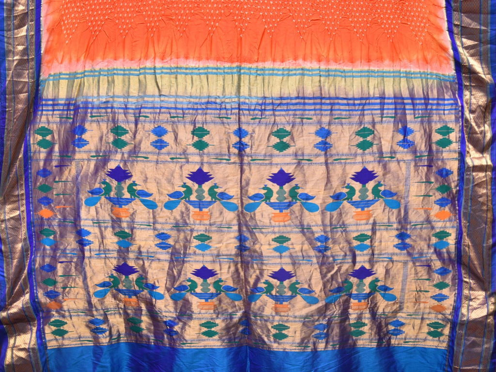 Orange Bandhani Paithani Silk Handloom Saree with Peacocks Pallu Design - Global Threads