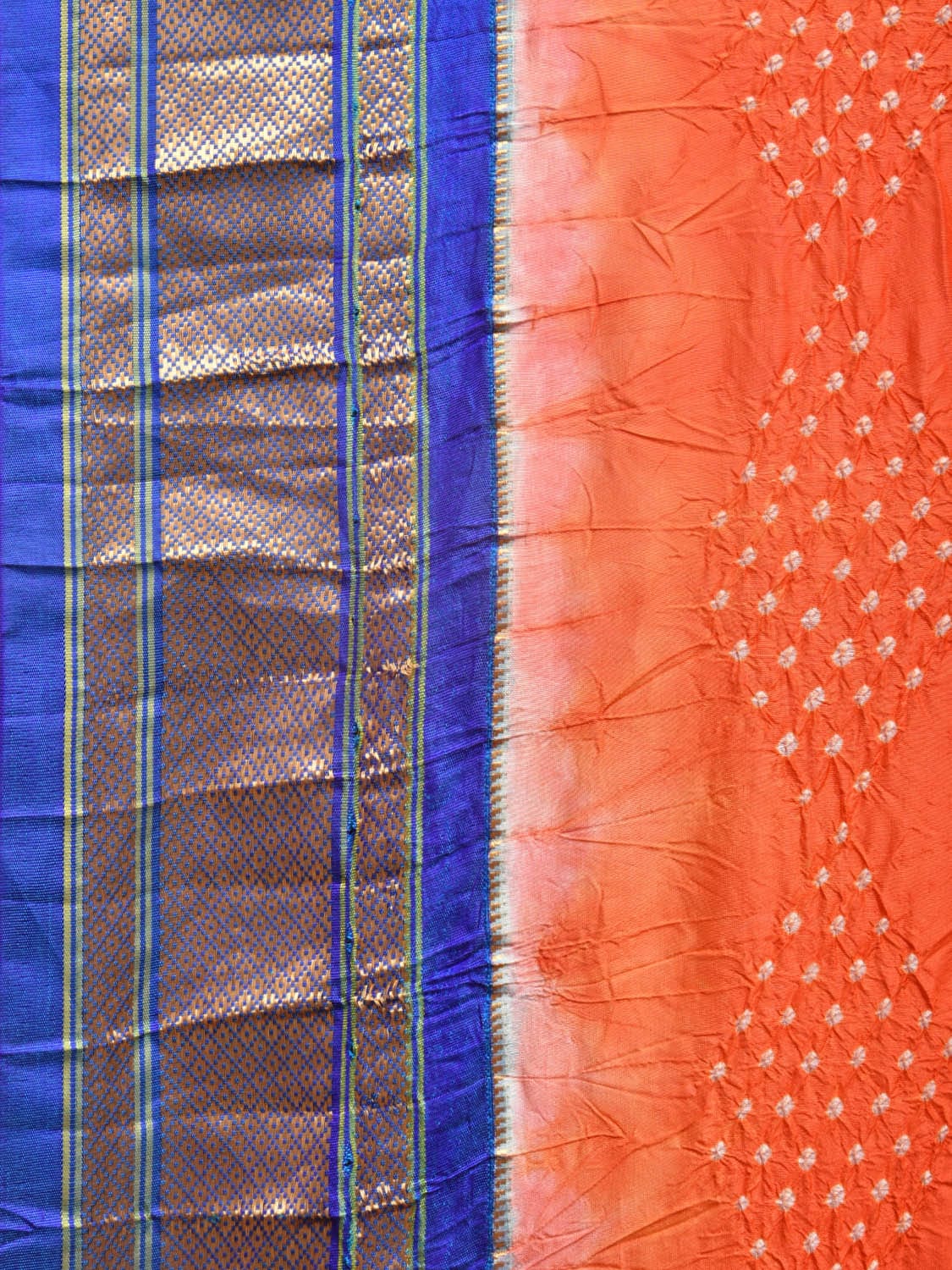 Orange Bandhani Paithani Silk Handloom Saree with Peacocks Pallu Design - Global Threads