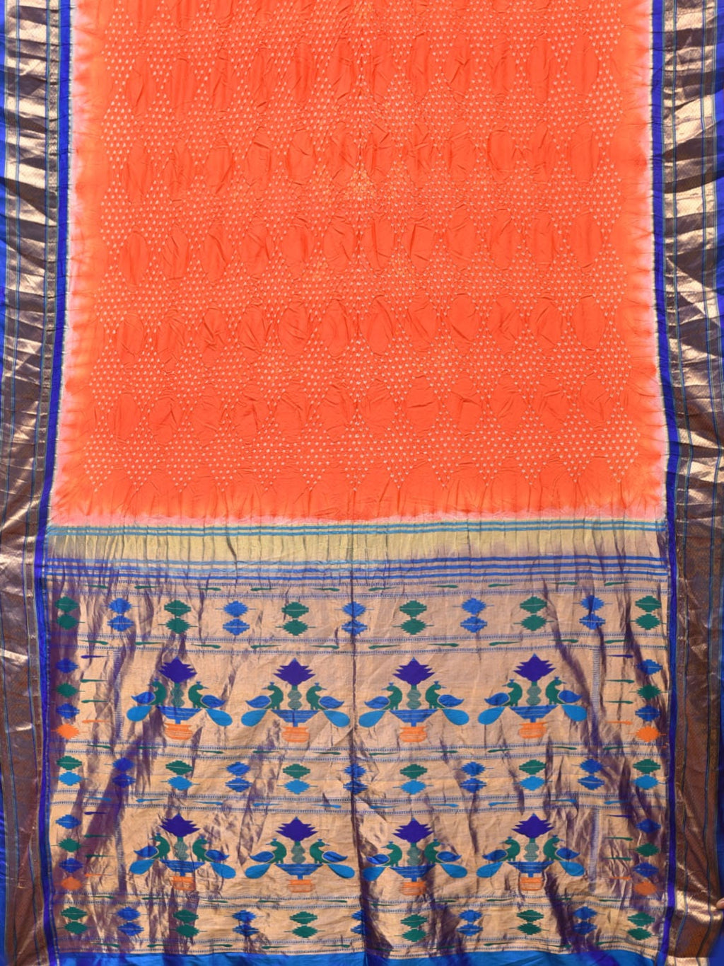 Orange Bandhani Paithani Silk Handloom Saree with Peacocks Pallu Design - Global Threads