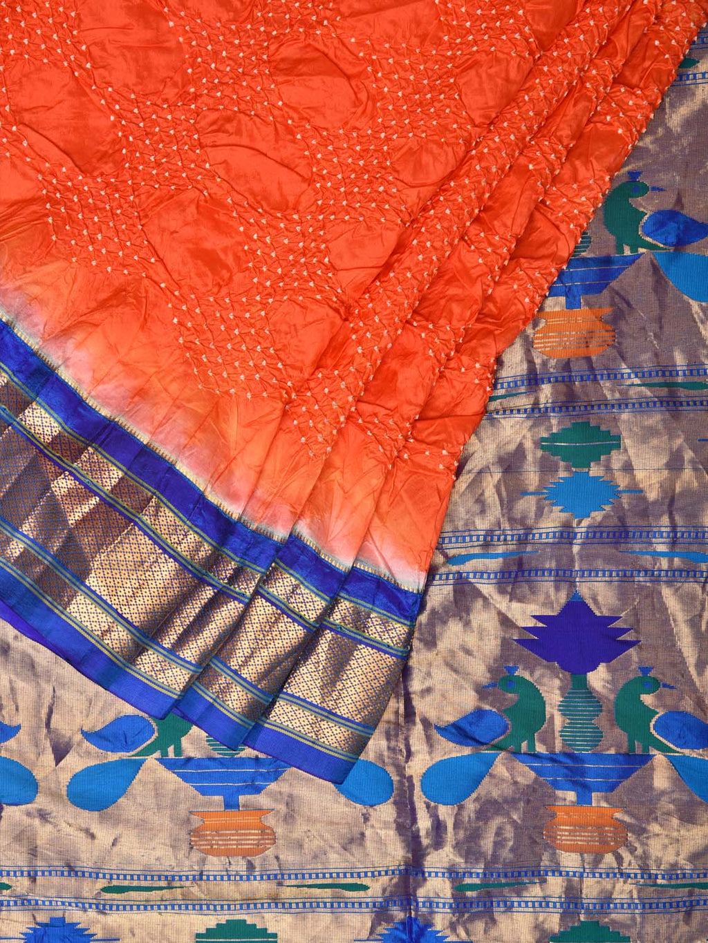 Orange Bandhani Paithani Silk Handloom Saree with Peacocks Pallu Design - Global Threads