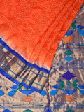 Orange Bandhani Paithani Silk Handloom Saree with Peacocks Pallu Design - Global Threads