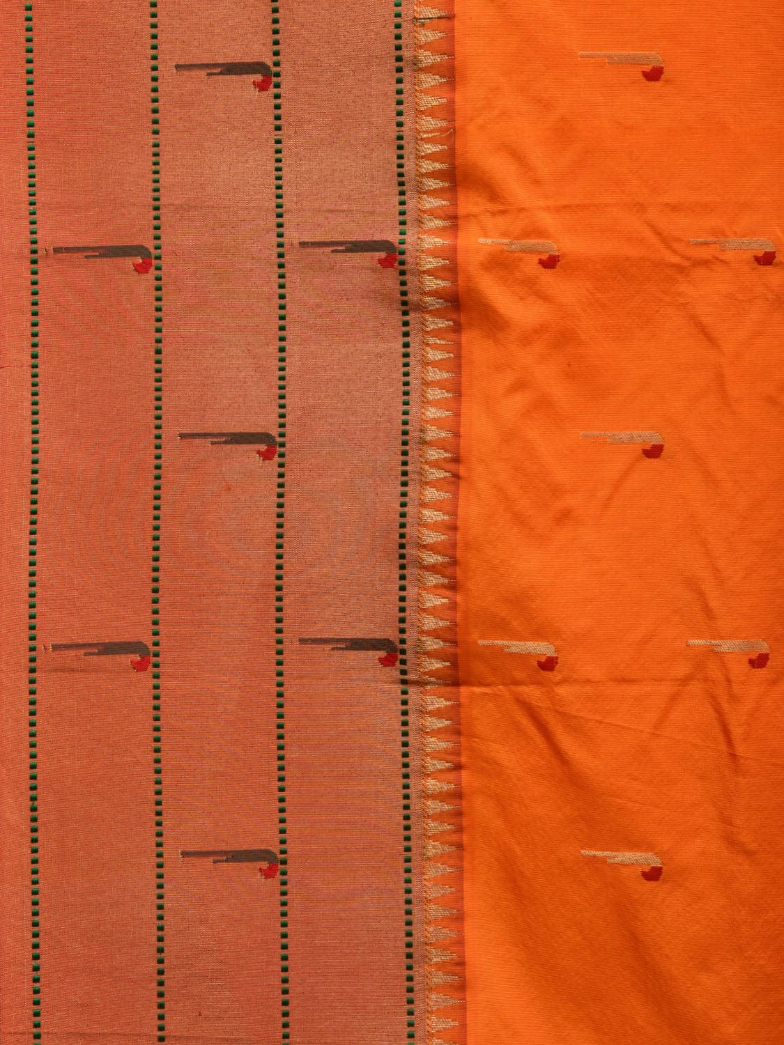 Orange Paithani Silk Handloom Saree with Triple Muniya Border Design - Global Threads