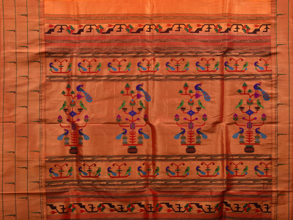 Orange Paithani Silk Handloom Saree with Triple Muniya Border Design - Global Threads