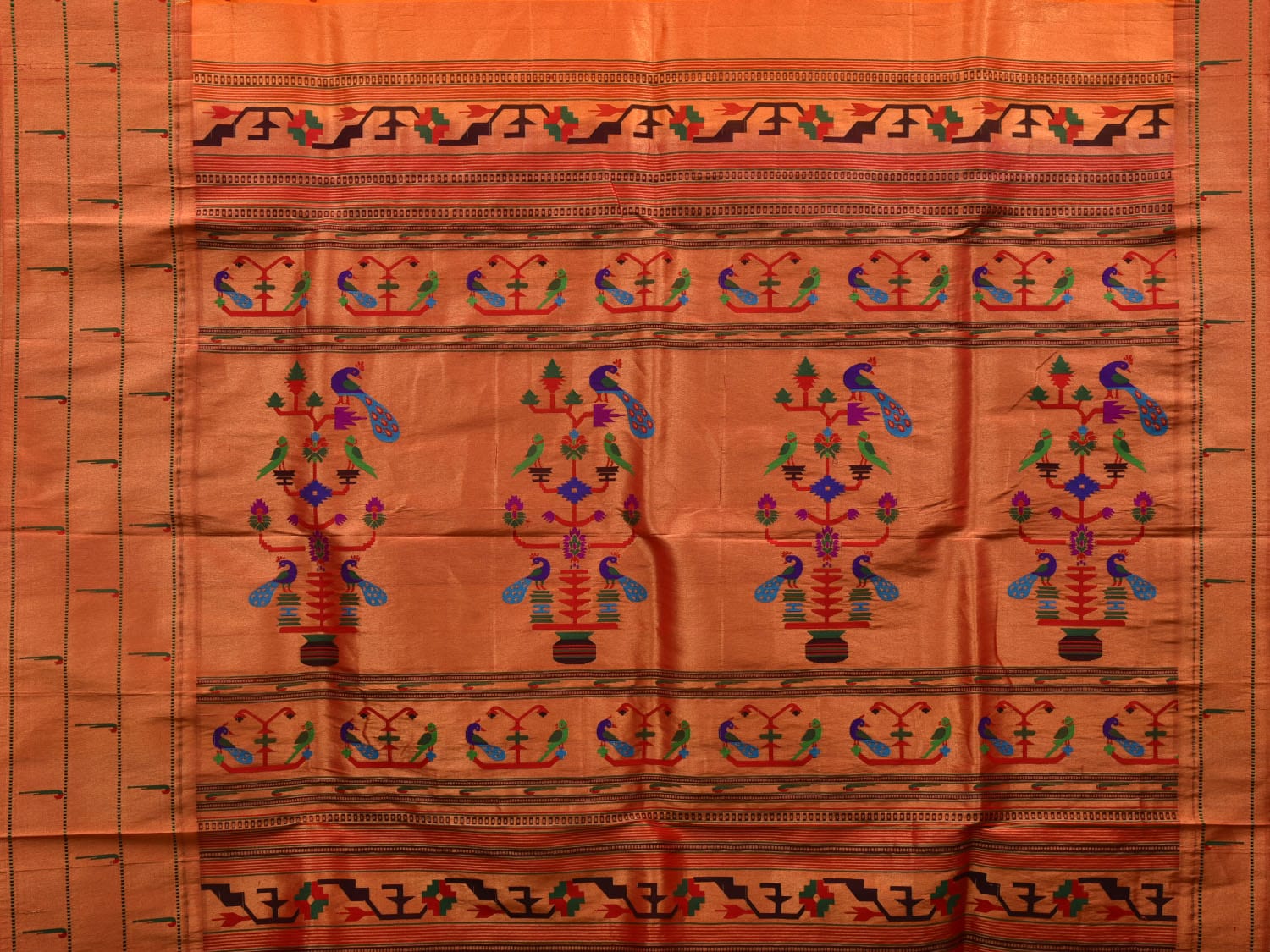 Orange Paithani Silk Handloom Saree with Triple Muniya Border Design - Global Threads