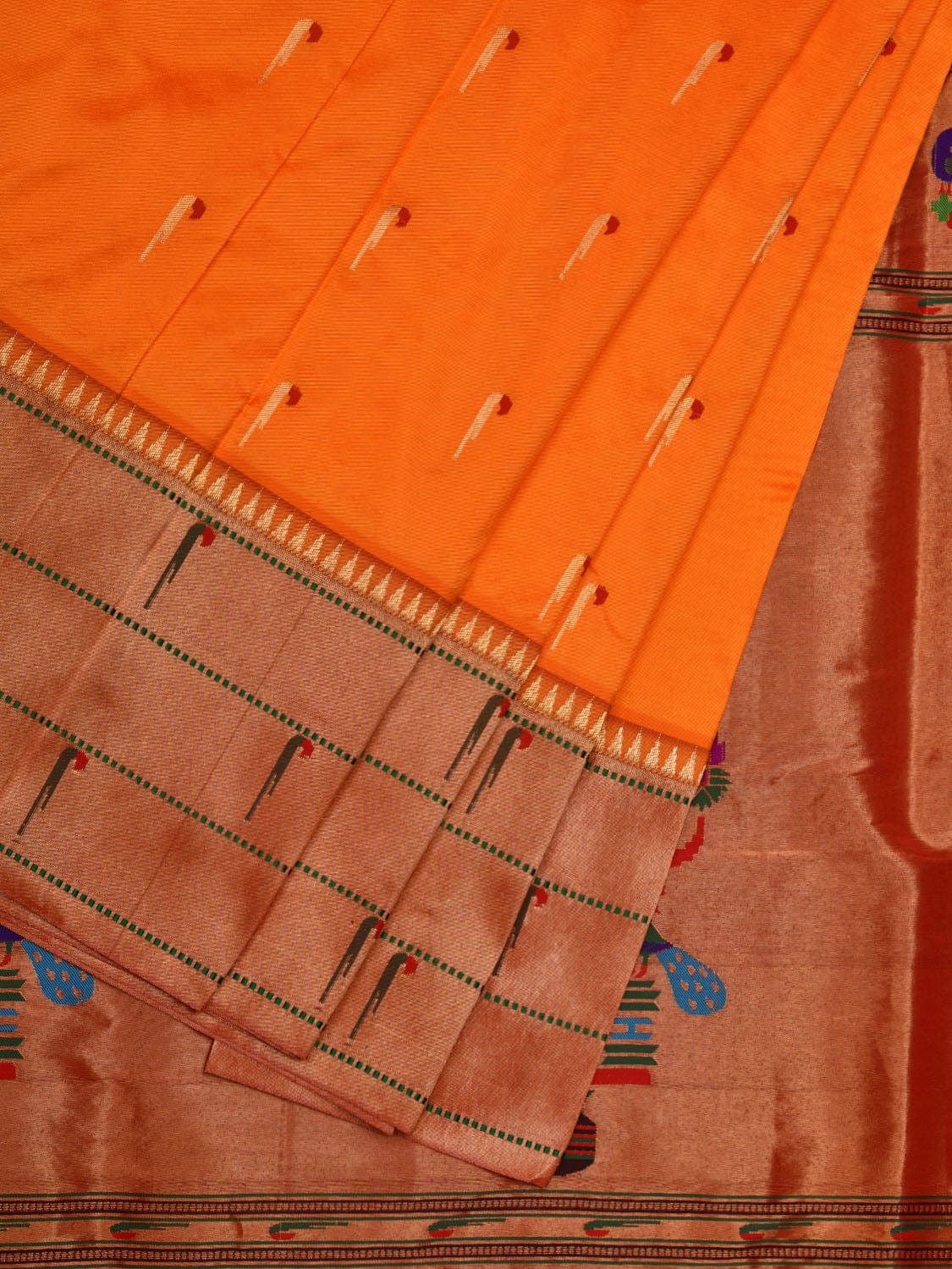 Orange Paithani Silk Handloom Saree with Triple Muniya Border Design - Global Threads