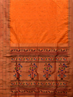 Orange Paithani Silk Handloom Saree with Triple Muniya Border Design - Global Threads