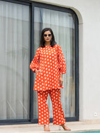 Yufta Orange Polka Dot Print Top And Trouser Co Ord Set