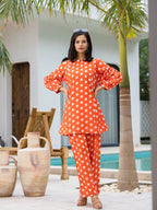 Yufta Orange Polka Dot Print Top And Trouser Co Ord Set