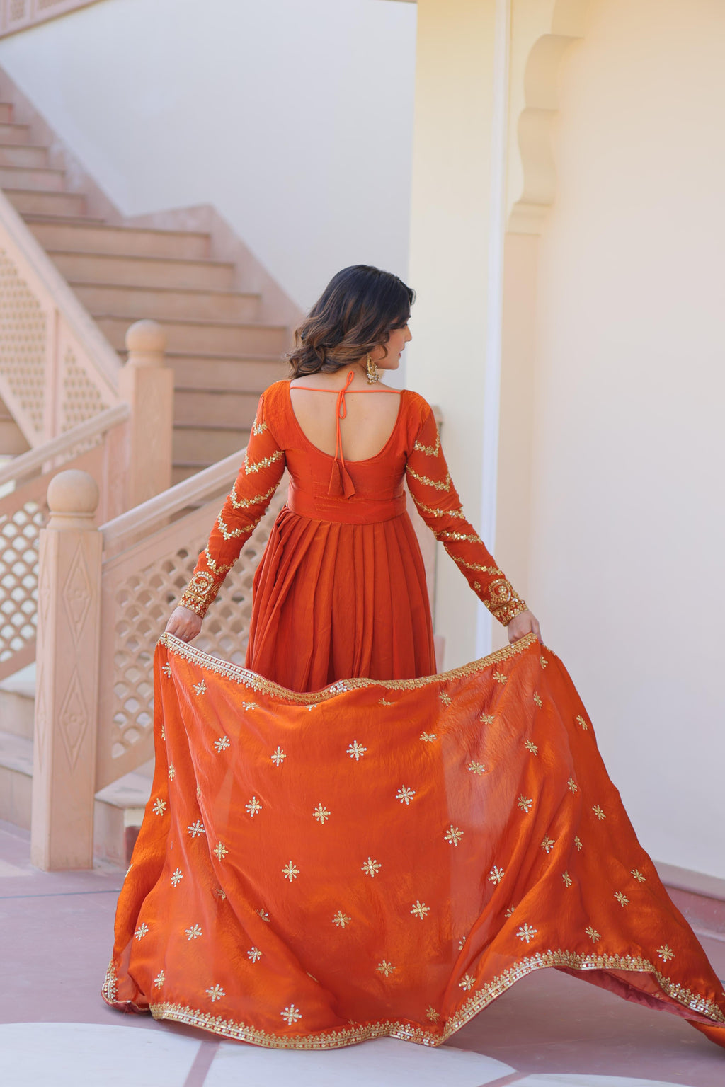 Evanik Orange Fendy Fabric With Zari & Sequins Embroidered work Gown Dupatta - Distacart
