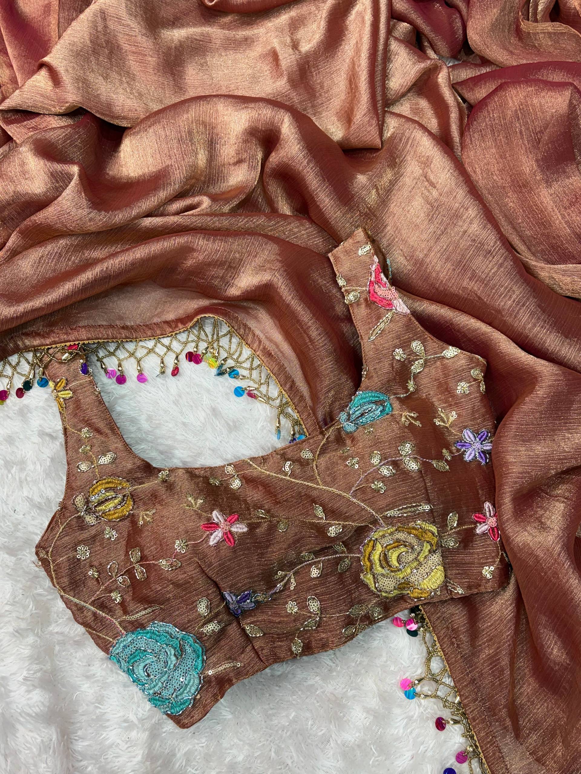 Evanik Soft Fandy Chiffon Beads Embroidered Work Party Wear Saree With Blouse - Distacart