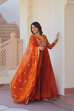 Evanik Orange Fendy Fabric With Zari & Sequins Embroidered work Gown Dupatta - Distacart