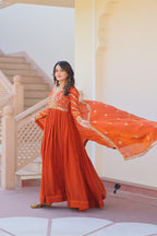 Evanik Orange Fendy Fabric With Zari & Sequins Embroidered work Gown Dupatta - Distacart