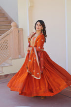 Evanik Orange Fendy Fabric With Zari & Sequins Embroidered work Gown Dupatta - Distacart
