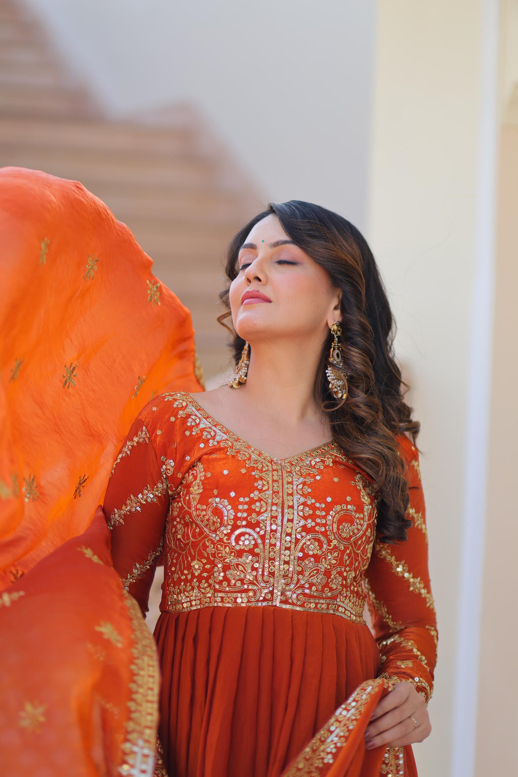 Evanik Orange Fendy Fabric With Zari & Sequins Embroidered work Gown Dupatta - Distacart