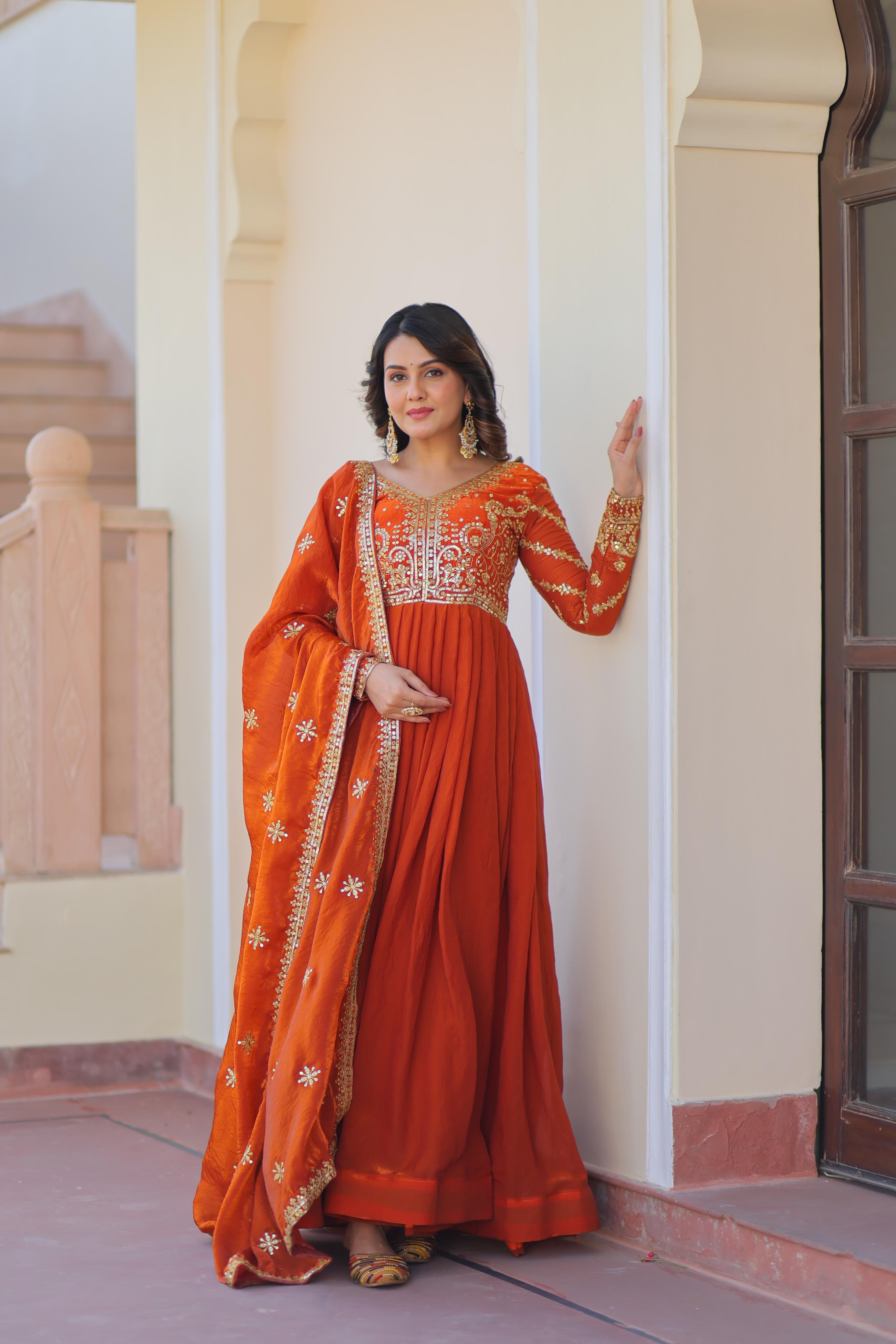 Evanik Orange Fendy Fabric With Zari & Sequins Embroidered work Gown Dupatta - Distacart