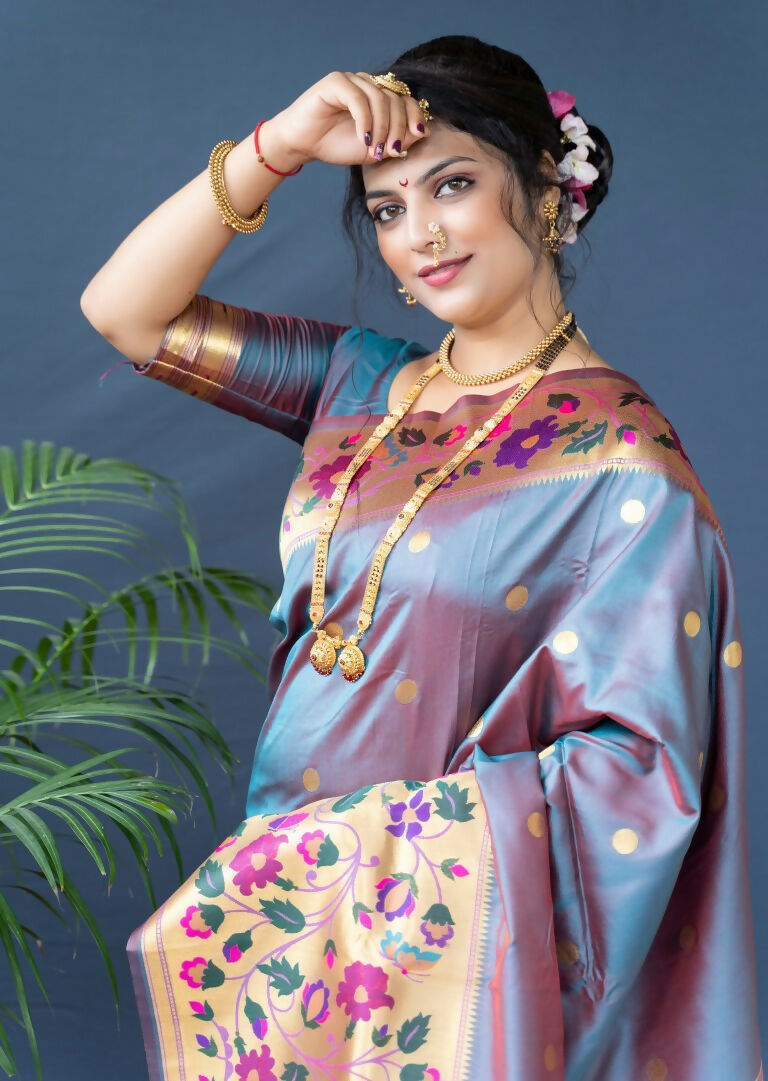 Jyoti Fashion Women's Grey Paithani Silk Zari Woven Saree with Blouse