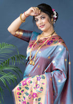 Jyoti Fashion Women's Grey Paithani Silk Zari Woven Saree with Blouse