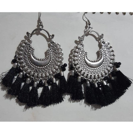 MS Fashion India Oxidized Silver Afghani Black Color Silk Thread Chandbali Earrings With Tassels