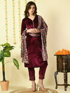 Myshka Women's Magenta Velvet Kurta & Trousers With Dupatta Party Sets