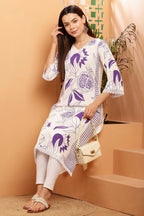 Cheera Women Stylish Hand Block Printed Cotton Blend Flared Kurta - Off White