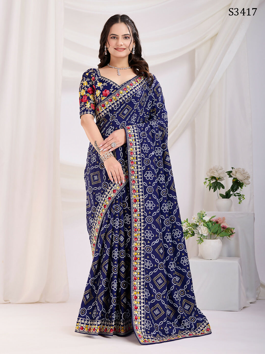 Blue Vichitra Silk Bandhani Printed, Embroidery Work Saree - Ditya