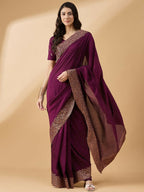 Purple Silk Blend Embroidered Saree with Unstitched Blouse - Vairagi