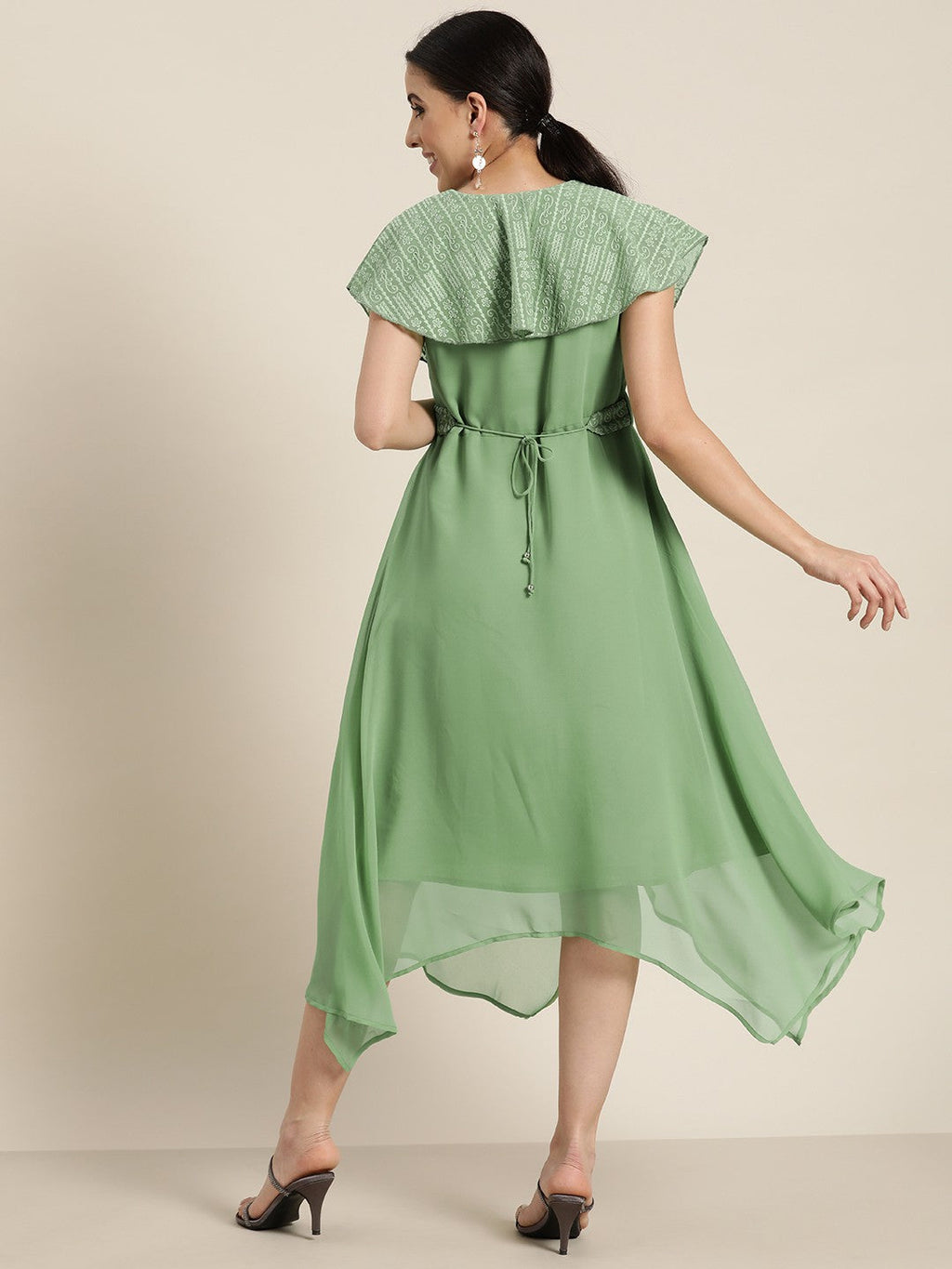 Juniper Women's Sagegreen Georgette Embroidered Asymmetric Dress - Distacart