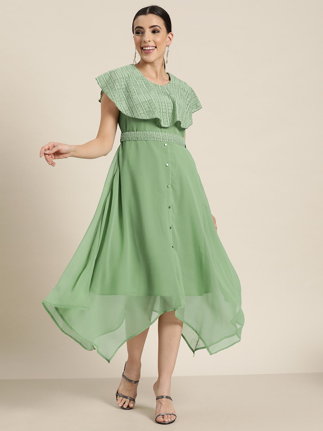 Juniper Women's Sagegreen Georgette Embroidered Asymmetric Dress - Distacart