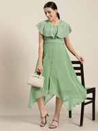 Juniper Women's Sagegreen Georgette Embroidered Asymmetric Dress - Distacart