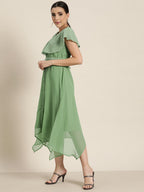 Juniper Women's Sagegreen Georgette Embroidered Asymmetric Dress - Distacart