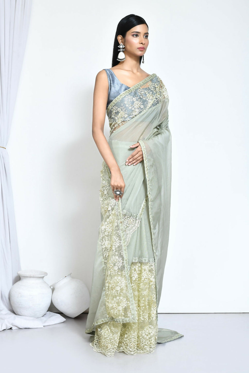 Green Organza Jari Silk Floral Embroidered Festive Saree - Nimaya Denzy