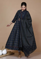 Miravan Women's Abstract Printed & Tasseles Angrakha Kurta With Blue Dupatta Set