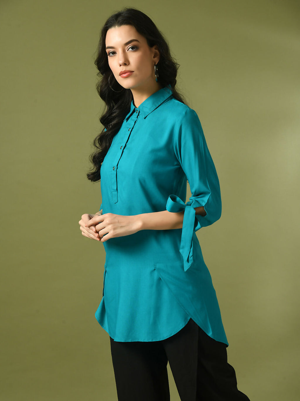 Myshka Women's Turquoise Blue Solid Cotton Longline Party Sheer Tunic