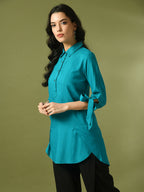 Myshka Women's Turquoise Blue Solid Cotton Longline Party Sheer Tunic