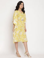 Ahalyaa Women Lime Green & Off White Floral Printed Flared Sleeves Floral Kaftan Kurta - Distacart
