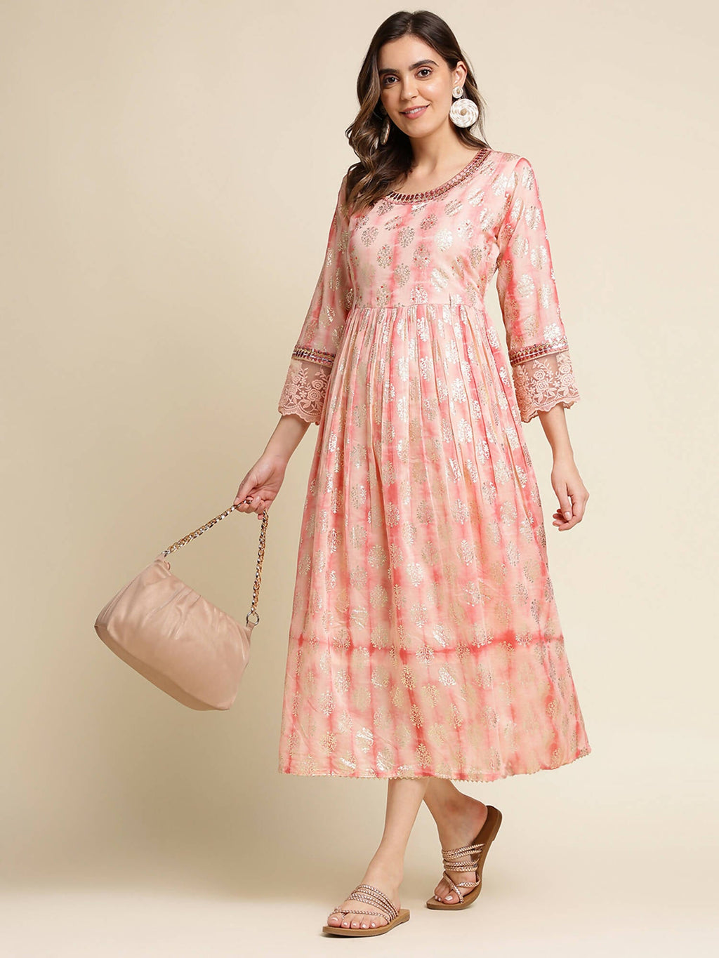 Peach Cotton Paisley Printed Fit & Flare Dress - Yukti - Distacart